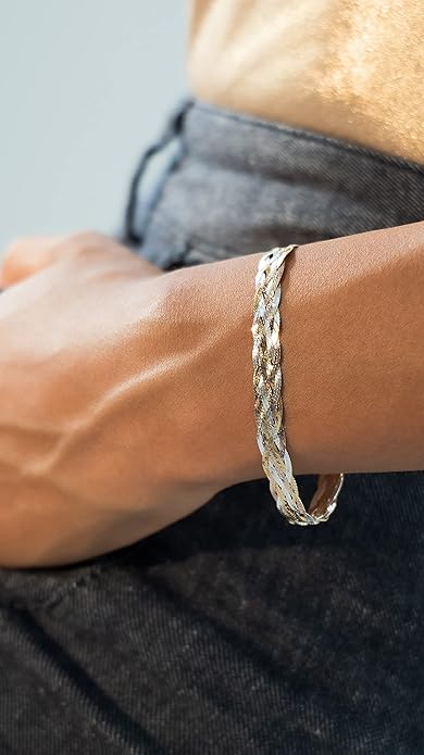 925 Sterling Silver, Tri-Color 18K Gold Plated 6-Strand Diamond-Cut 7mm Braided Herringbone Chain Bracelet for Women, Made in Italy