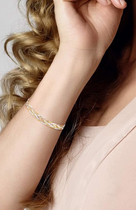 925 Sterling Silver, Tri-Color 18K Gold Plated 6-Strand Diamond-Cut 7mm Braided Herringbone Chain Bracelet for Women, Made in Italy